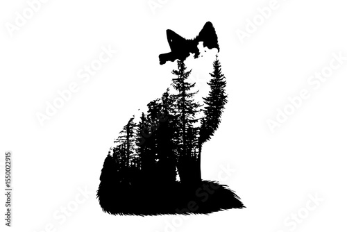a black silhouette of a wolf and a bird flying over a forest bird, black, butterfly, fly, forest, fox, silhouette, tree, wolf , Generative art.