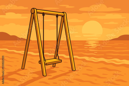 Nostalgic empty swing on a sandy beach at sunset or sunrise. Concept of loneliness, solitude, childhood memories, and peaceful contemplation. Summer vacation landscape vector illustration.