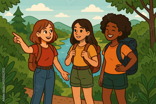 Diverse group of women friends hiking on a scenic trail. Girl friends trekking with backpacks in nature. Outdoor adventure, summer vacation exploration vector illustration concept.