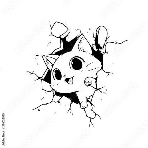 a drawing of a cat coming out of a hole in a wall art, cat, drawing, hole, wall , Generative art.