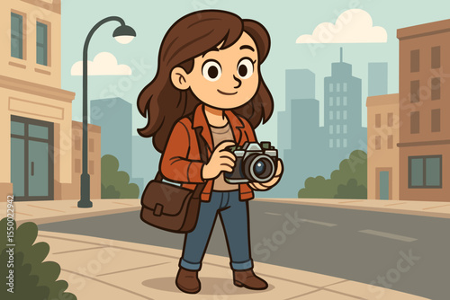 Female photographer character holding a camera on an urban street. Cute cartoon illustration of a woman exploring the city. Travel, hobby, and professional adventure concept.