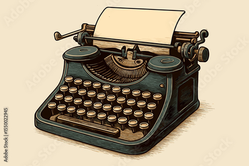 Retro typewriter with blank paper for copy space. Vintage writing machine illustration for an author, journalist, or novelist. Old classic keyboard for storytelling or script concept.