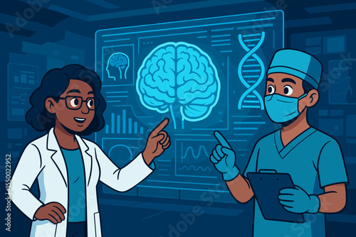 Medical team analyzing brain scan and DNA on futuristic holographic screen. Doctors collaborating on neurology and genetics research. Healthcare innovation and technology concept.