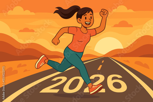Happy woman running on a road to 2026. New Year's resolution concept for fitness, healthy lifestyle, and future goals. Motivated athlete jogging at sunrise. Vector illustration.