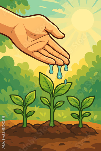 Hand watering young plants and seedlings. Concept of growth, care, and nurturing new life. Environmental conservation and agriculture. Vector illustration of planting for a sustainable future.