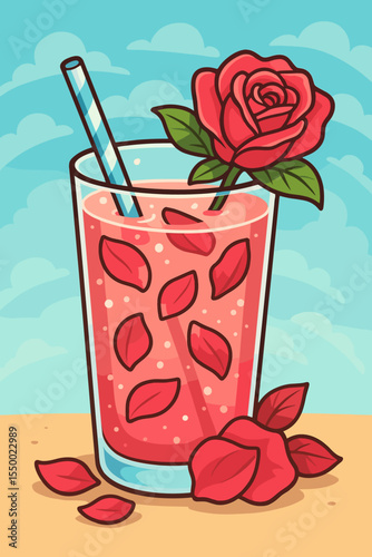 Rose petal cocktail vector illustration. Refreshing summer drink with floral garnish and petals. Pink beverage in a glass on the beach. Cartoon design for bar menu or party.