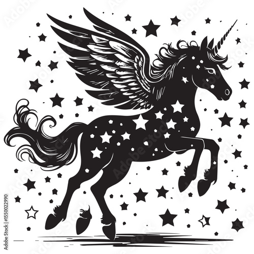 Majestic black silhouette of a winged unicorn with stars in a fantasy scene
