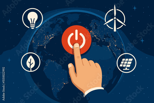 Global energy transition concept. Hand pressing power button on planet Earth from space. Renewable power sources like solar, wind, biomass. Sustainability, ESG, climate action.