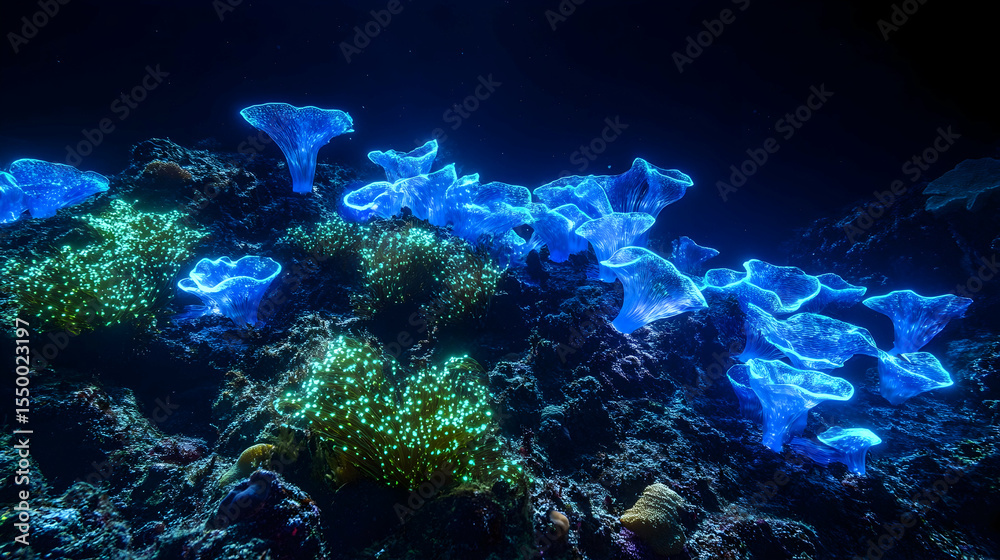 Fototapeta premium Bioluminescent blue coral glow in deep sea underwater adventure
