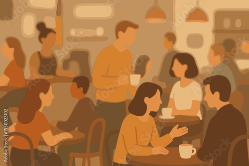 People meeting in a busy coffee shop interior. Abstract vector illustration of a crowd socializing in a cafe. Blurred background scene with friends talking. Lifestyle concept.