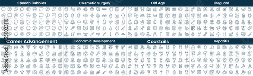 Linear Style Icons Pack. In this bundle include speech bubbles, cosmetic surgery, old age, lifeguard, career advancement, economic development, cocktails, hepatitis