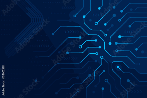 Abstract digital technology background with glowing blue circuit board pattern. Futuristic hi-tech communication concept with network lines and nodes. Vector data flow illustration.