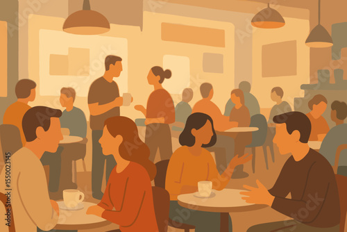 Busy cafe scene with a crowd of people talking and drinking coffee. Friends meeting in a restaurant interior. Modern flat vector cartoon illustration of a social gathering and community.