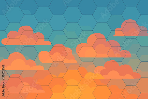 Abstract geometric sky background. Hexagon pattern over sunset clouds. Vector cartoon illustration. Futuristic digital nature concept. Modern technology art. Wallpaper graphic design.