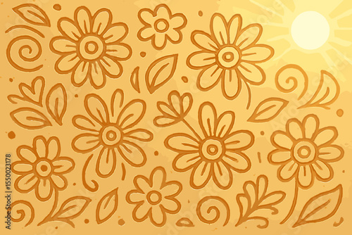 Floral patterns carved in beach sand under a bright summer sun. Vector illustration of hand-drawn flower doodles with a warm, textured feel. Concept for summer vacation, travel, and relaxation.