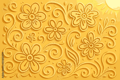 Hand drawn floral ornament on a sand texture background. Summer beach art with flowers, swirls, and sun. Decorative cartoon vector illustration for vacation and holiday design.