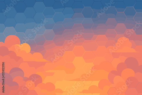 Abstract geometric sky background with a hexagon grid pattern and orange sunset clouds. Vector cartoon illustration of a futuristic digital skyscape. Fantasy virtual concept.