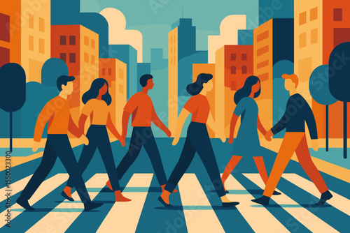 Group of diverse people crossing a street on a crosswalk in a modern city. Vector illustration of pedestrians walking together in an urban environment with a cityscape background.