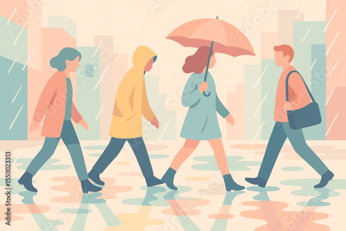 Group of people walking in the rain on a city street. Woman holding an umbrella, man in a yellow raincoat. Pedestrians crossing a wet road with puddles. Abstract vector illustration.