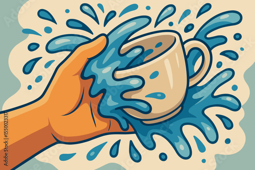 Cartoon Hand Washing Coffee Cup with Dynamic Water Splash, Cleanliness Hygiene Concept, Abstract Vector Illustration, Vibrant Blue Liquid Motion, Artistic Kitchen Cleaning, No Text