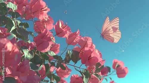 Pink flowers, butterfly, sunny sky