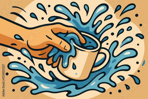 Dynamic hand washing coffee mug with dramatic blue water splash, cleaning concept, hygiene, liquid motion, modern abstract vector cartoon illustration, kitchen utensil cleanliness