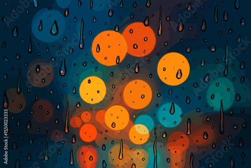 Rainy night view through a wet window with water drops on the glass. Abstract vector background with colorful blurred city lights creating a beautiful bokeh effect. Moody weather concept.