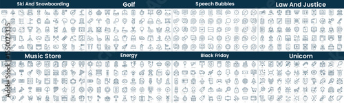 Linear Style Icons Pack. In this bundle include ski and snowboarding, golf, speech bubbles, law and justice, music store, energy, black friday, unicorn