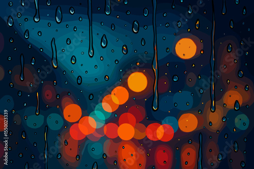 Abstract vector illustration of raindrops on glass. Rainy night city background with colorful blurred bokeh lights. Wet window surface with water drops. Atmospheric weather concept.