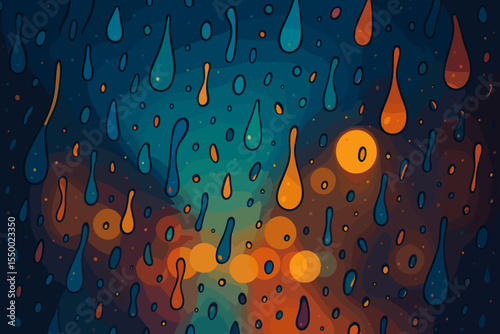 Rainy night background with abstract raindrops on glass. Colorful vector illustration of a window view with blurry city lights and bokeh effect. Atmospheric moody weather concept.