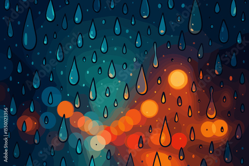 Abstract cartoon raindrops on a wet glass window. Vector illustration of a rainy night scene with blurred colorful city street lights creating a beautiful bokeh effect background.
