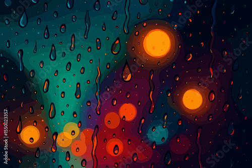 Raindrops on wet glass window with view of blurred night city lights. Abstract rainy weather background with bokeh effect. Vector cartoon illustration of water drops on a surface.