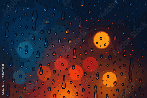 Raindrops on window glass with colorful bokeh city lights at night. Abstract vector background showing a wet surface, blurred streetlights, and an atmospheric rainy weather scene.