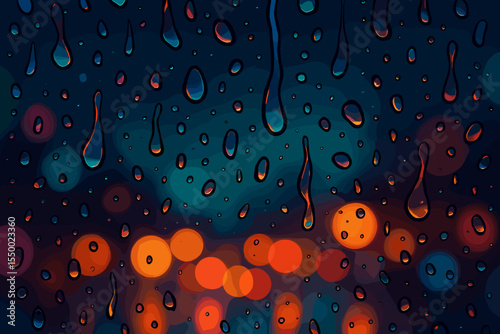 Raindrops on window glass with blurred city night lights creating a colorful bokeh background. Vector illustration of a rainy day. Moody atmospheric abstract weather concept.