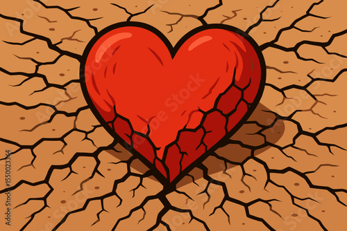 Red heart on cracked dry earth vector illustration. Concept of love, hardship, heartbreak, pain, and resilience. Symbol of emotional struggle, depression, and surviving difficult times.