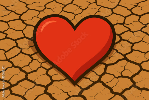 Red heart on dry cracked earth ground. Symbol of love, hope, resilience in hardship. Concept for survival, pain, heartbreak. Climate change, drought, global warming vector concept.