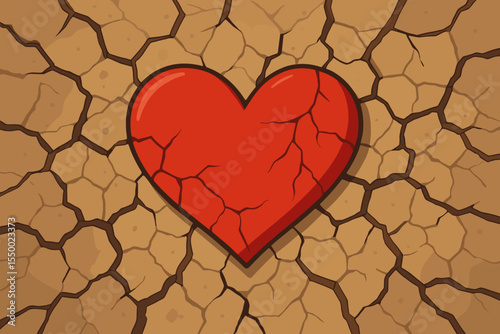 Cracked red heart on dry barren ground. Concept of heartbreak, loneliness, suffering. Broken love symbol. Metaphor for pain, despair, drought, hardship. Vector cartoon illustration.