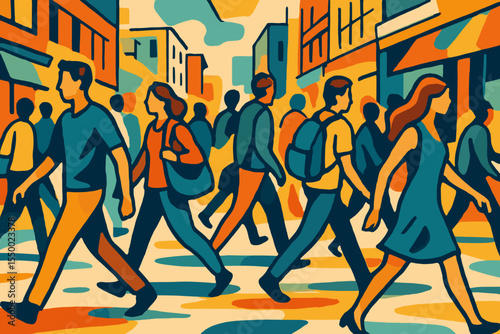 Crowd of people walking on a city street. Abstract illustration of urban lifestyle and commuting pedestrians. Dynamic, colorful vector graphic showing modern city life and movement.