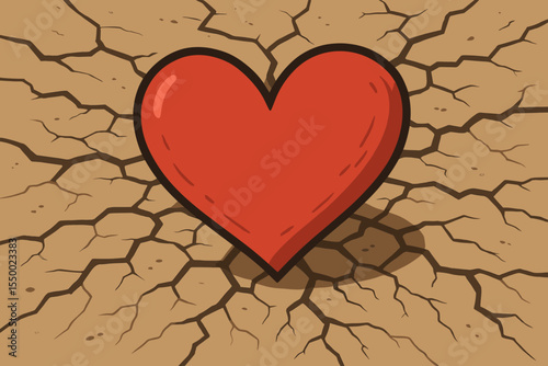 Symbolic red heart on dry cracked ground. Metaphor for love surviving hardship, heartbreak, or emotional pain. Conceptual illustration of hope, resilience, drought and survival.