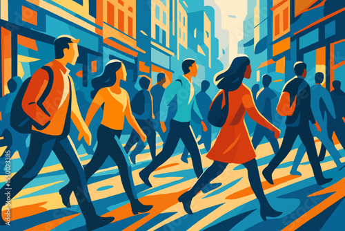 Dynamic urban scene with a crowd of people walking on a busy city street. Abstract vector illustration capturing the energy and movement of modern life and the daily commute.