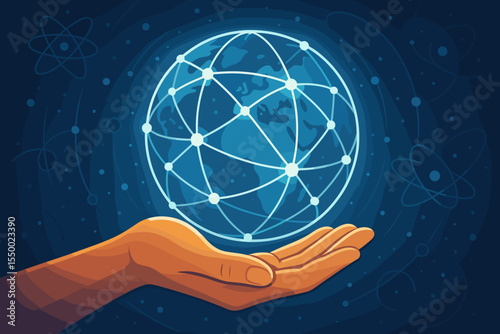 Hand holding a glowing Earth globe with a network connection. Global technology and science concept for future innovation, communication, data, and research. Vector cartoon illustration.