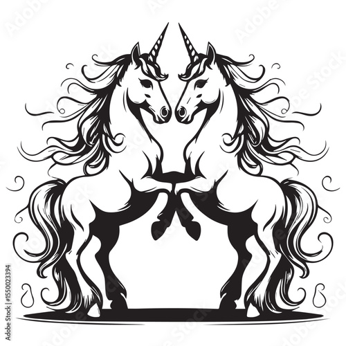 Symmetrical black silhouette of two majestic unicorns facing each other with flowing manes
