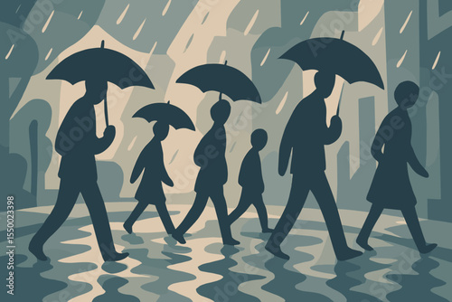 Rainy day in the city concept. Silhouettes of people with umbrellas walking on a wet street. Crowd reflecting in puddles during a storm. Abstract vector cartoon illustration.