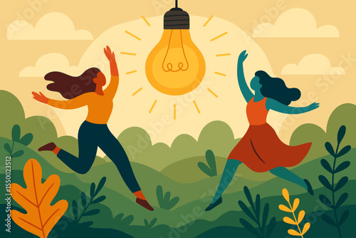 Inspiring women jumping in lush nature, illuminated by glowing light bulb. Creative ideas, teamwork, energy, innovation, happiness, friendship. Abstract vector illustration for motivation, success.