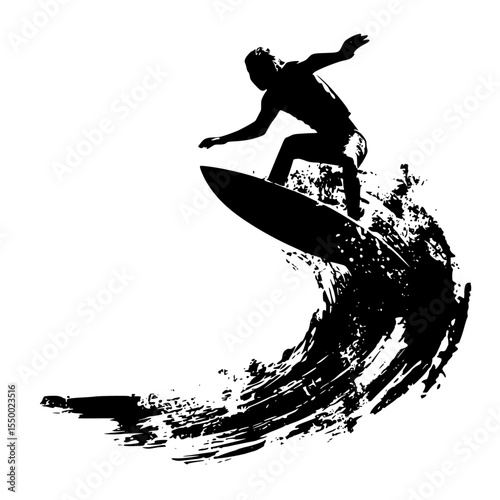 a black silhouette of a man riding a surfboard catching a wave black, board, catch, man, person, ride, silhouette, surf, surfboard, surfer, wave , Generative art.