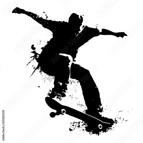 a black and white silhouette of a man riding a skateboard black, man, person, ride, silhouette, skateboard, skateboarder , Generative art.