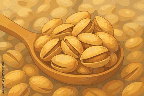 Salted Roasted Pistachio Nuts in Wooden Spoon, Crunchy Snack Food Background, Closeup Tasty Shelled Nuts, Healthy Protein Snack Illustration, Soft Focus Vector Cartoon Realistic Design
