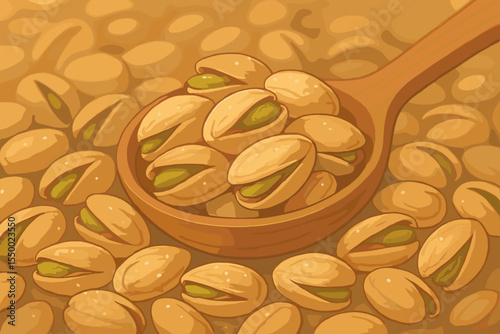 Roasted Salted Pistachio Nuts in Wooden Spoon. Vector Cartoon Food Background. Nut Snack Concept. Shelled Pistachios Close Up. Healthy Protein Snack. Organic Gourmet Ingredient Illustration