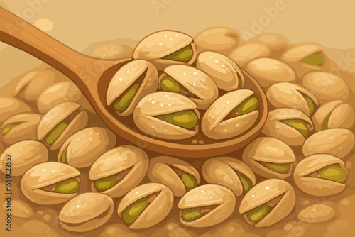 Delicious salted roasted pistachio nuts in shell on wooden spoon, healthy snack food, rich texture, nutty gourmet, vector cartoon illustration, natural culinary ingredient, soft focus background