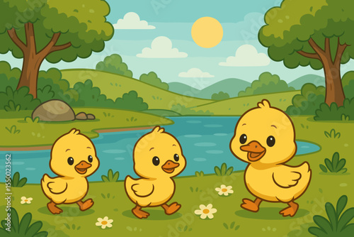 Cute Cartoon Ducklings Walking by River in Sunny Scenic Landscape. Happy Baby Ducks Outdoor Nature Adventure. Spring Meadow, Trees, Flowers, Blue Sky, Hills. Adorable Animal Family Vector Illustration